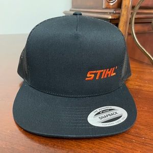Stihl black trucker with orange side logo cap hat